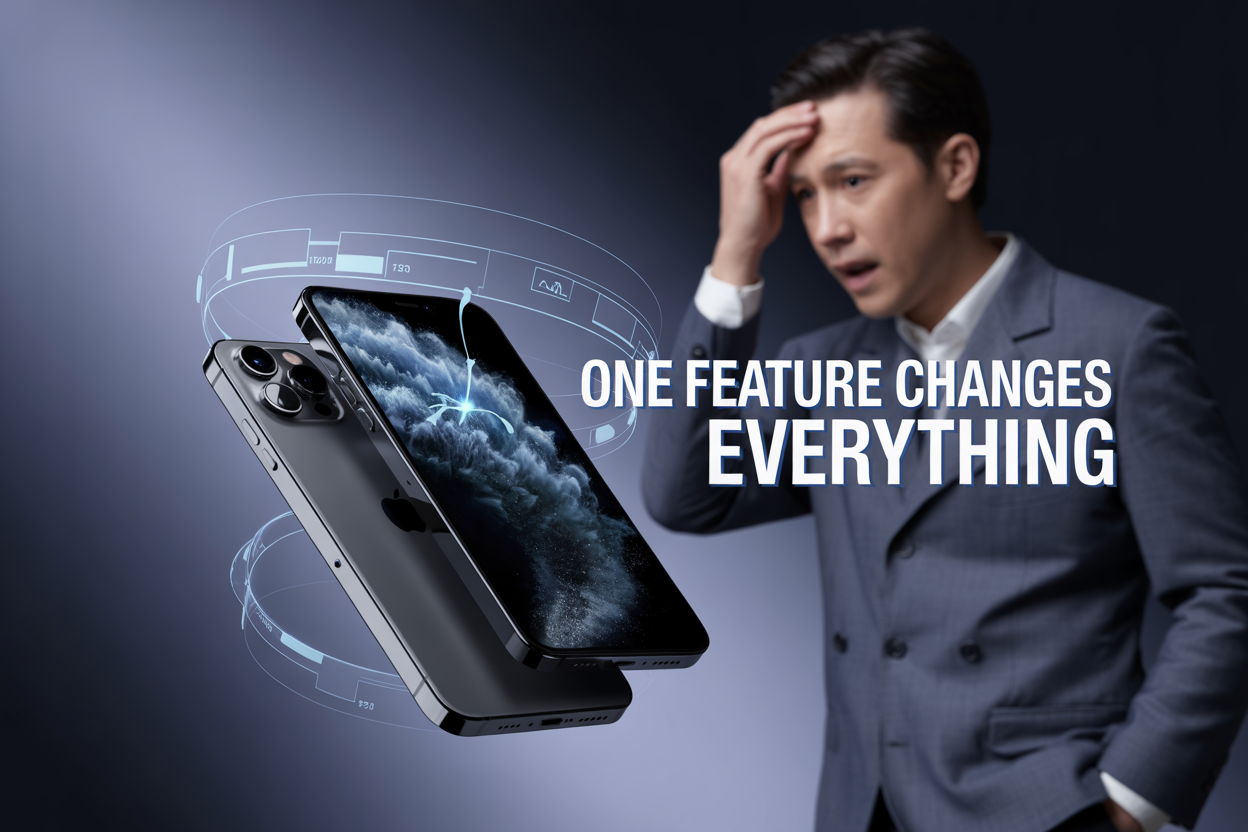 Create a realistic image of a sleek iPhone 17 Pro in space gray floating at a 45-degree angle against a dark gradient background with subtle blue lighting effects, featuring a mysterious glowing revolutionary feature on the screen with abstract digital elements and data streams surrounding the device, while a concerned white male Apple employee in business attire looks worried in the background with his hand on his forehead, and bold text overlay reading "ONE FEATURE CHANGES EVERYTHING" in modern white font with a slight glow effect.