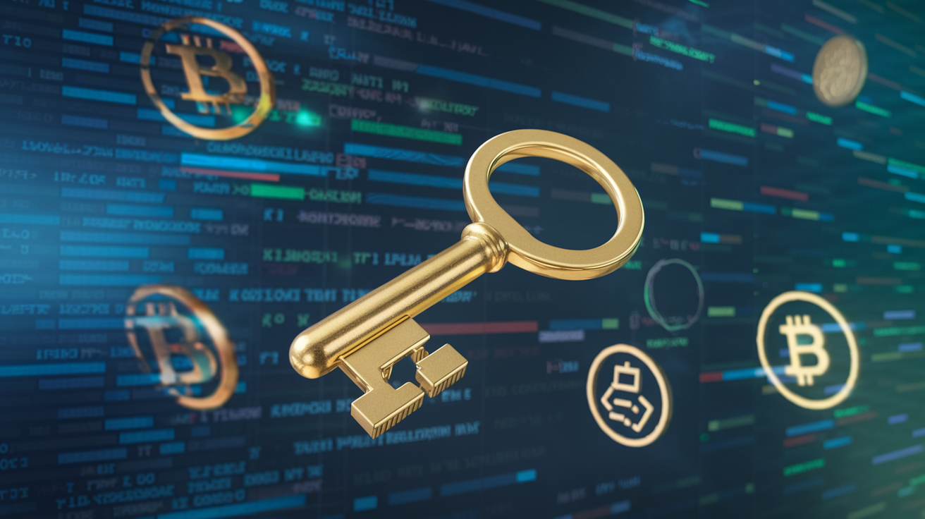 Create a realistic image of a large golden key floating in the foreground against a blurred background of digital code and cryptocurrency symbols, with subtle blue and green lighting effects, and the text "Public Keys: Crypto's Unsung Heroes" appearing in a sleek, modern font at the bottom of the image.