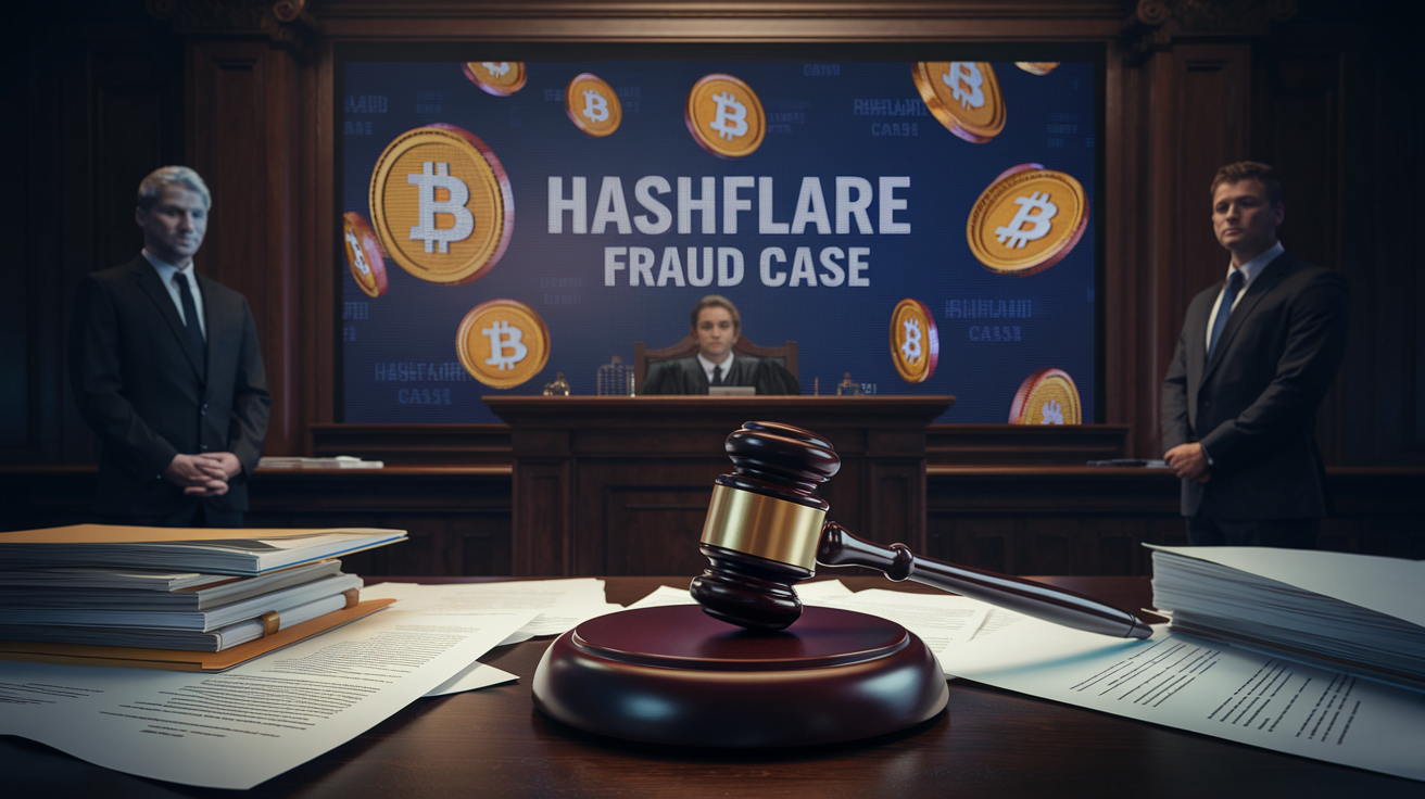 Create a realistic image of a courtroom scene with a judge's gavel in the foreground, legal documents scattered on a desk, and two white male figures in suits standing before the bench. In the background, show a digital screen displaying cryptocurrency symbols and the text "HashFlare Fraud Case" prominently. The lighting should be dim and dramatic, creating a tense atmosphere.
