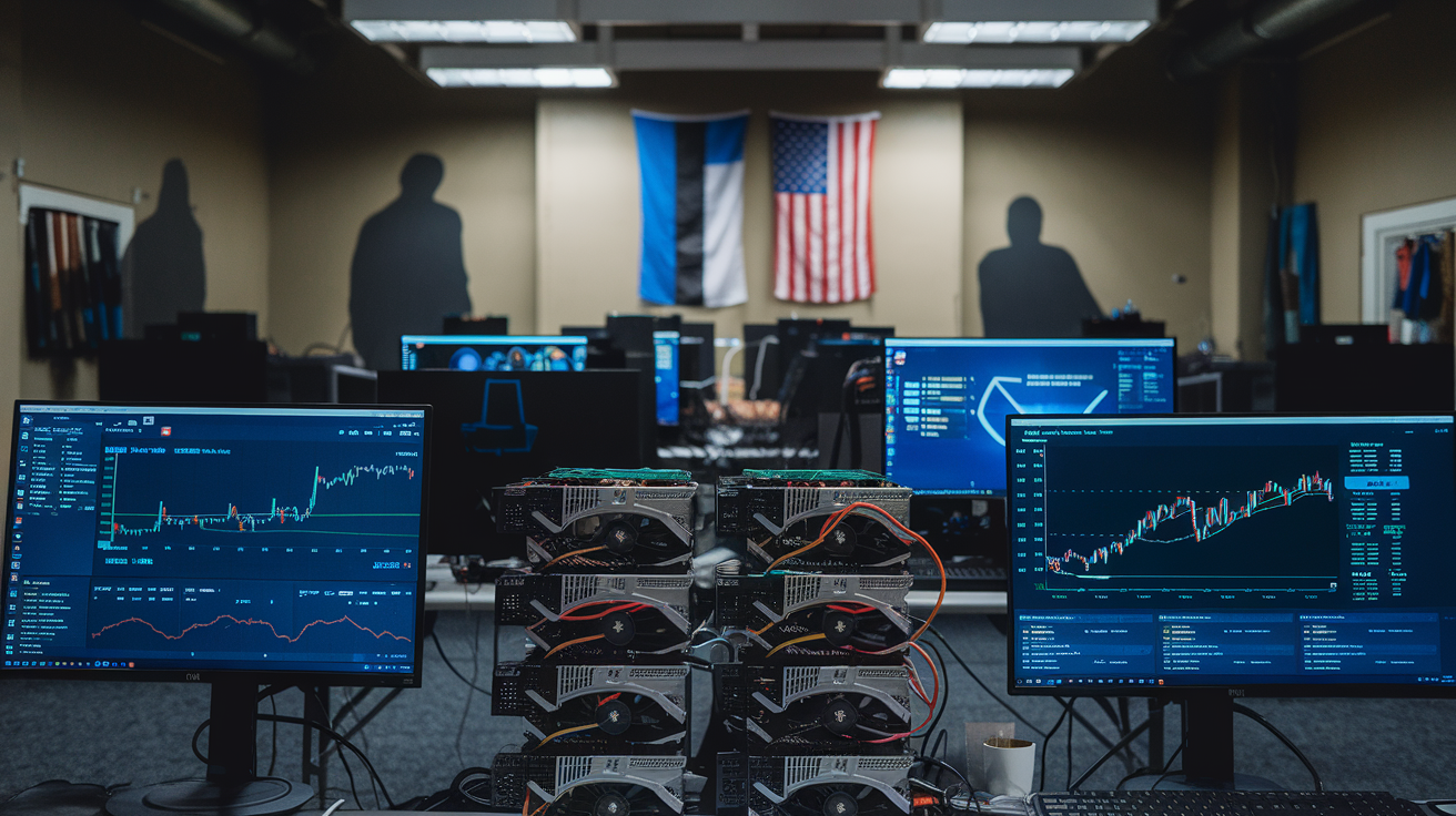 Create a realistic image of a dimly lit room with multiple computer screens displaying cryptocurrency charts and mining software interfaces, a stack of graphics cards on a desk, and shadowy figures in the background, suggesting illicit activity. Include visual elements of both Estonian and American flags to represent the international nature of the fraud scheme.
