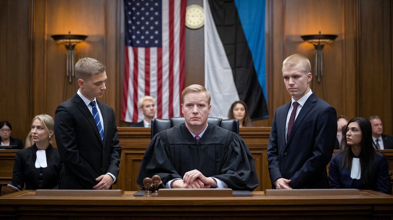 Create a realistic image of a stern-looking white male judge in a black robe seated at a courtroom bench, with two anxious white male defendants in suits standing before him, flanked by their lawyers. In the background, visible are the American and Estonian flags, symbolizing the international nature of the case. The courtroom has a somber atmosphere with subdued lighting, emphasizing the gravity of the legal proceedings against the HashFlare founders.