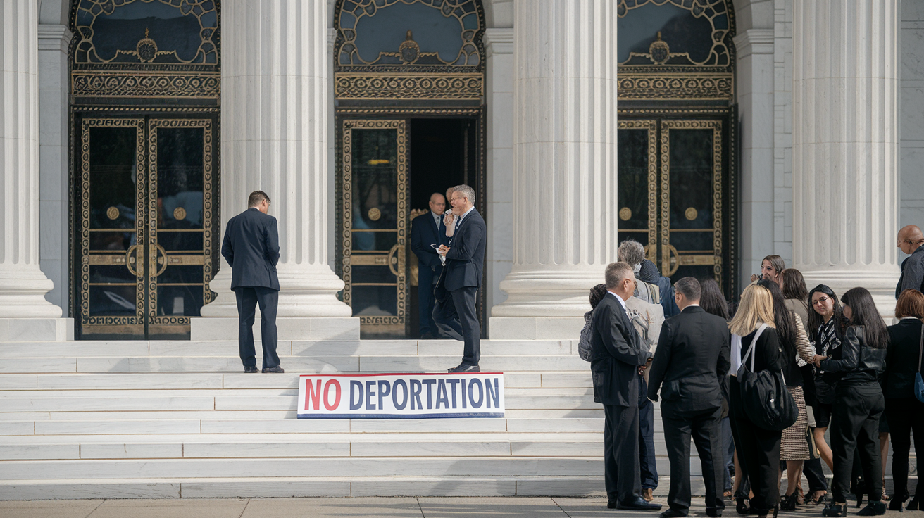 Create a realistic image of a courthouse entrance with a "No Deportation" sign prominently displayed. Two white male figures in suits, representing lawyers or officials, are seen in discussion near the steps. A diverse group of people, including white, black, and Asian individuals, are gathered nearby, symbolizing public interest in the case. The scene is lit by bright daylight, conveying a sense of clarity and resolution.