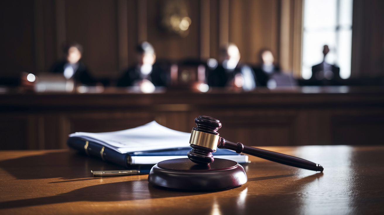 Create a realistic image of a courtroom interior with a judge's bench in focus, a gavel prominently displayed, and legal documents scattered on the desk. The lighting is somber, creating long shadows. In the background, blurred figures of attorneys and defendants can be seen, conveying a sense of anticipation and tension before sentencing.