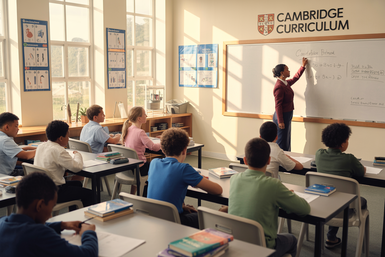 Create a realistic image of a modern classroom with diverse students of different races (white, black, Asian) and genders studying at desks with Cambridge textbooks and materials visible, a professional female teacher of mixed ethnicity writing on a whiteboard, educational posters showing academic subjects like mathematics and science on the walls, natural lighting from large windows, and the text "CAMBRIDGE CURRICULUM" prominently displayed on the whiteboard, conveying an atmosphere of academic excellence and international education standards.