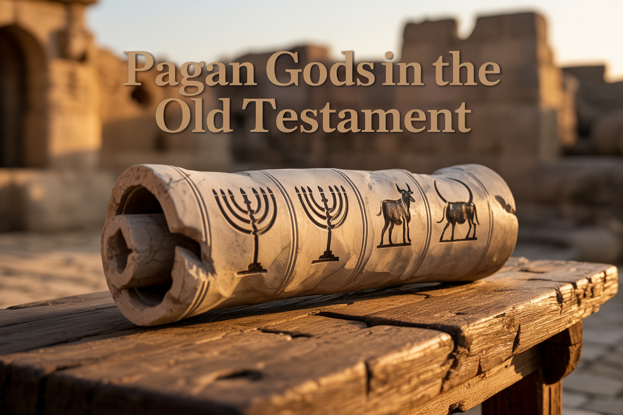 Create a realistic image of an ancient stone tablet or scroll partially unrolled on a weathered wooden table, with carved symbols representing both Hebrew and ancient Near Eastern pagan deities visible on the surface, including a menorah alongside symbols like a bull (representing Baal) and crescent moon (representing Asherah), set against a background of ancient Middle Eastern ruins with golden hour lighting casting warm shadows, with the text "Pagan Gods in the Old Testament" elegantly overlaid in serif font at the top of the image.