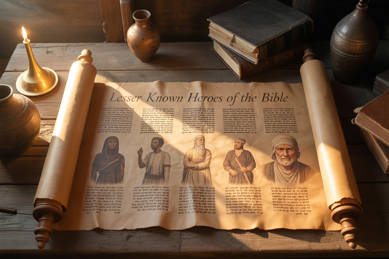 Create a realistic image of an ancient scroll partially unrolled on a weathered wooden table, with soft golden candlelight illuminating the parchment from the left side, showing faded Hebrew text and simple illustrations of diverse biblical figures including a black female prophet, a white male shepherd, and an elderly Middle Eastern woman, with ancient clay oil lamps and worn leather-bound books scattered around the table, warm amber lighting creating dramatic shadows, and the text "Lesser Known Heroes of the Bible" elegantly written in golden calligraphy across the top of the scroll.