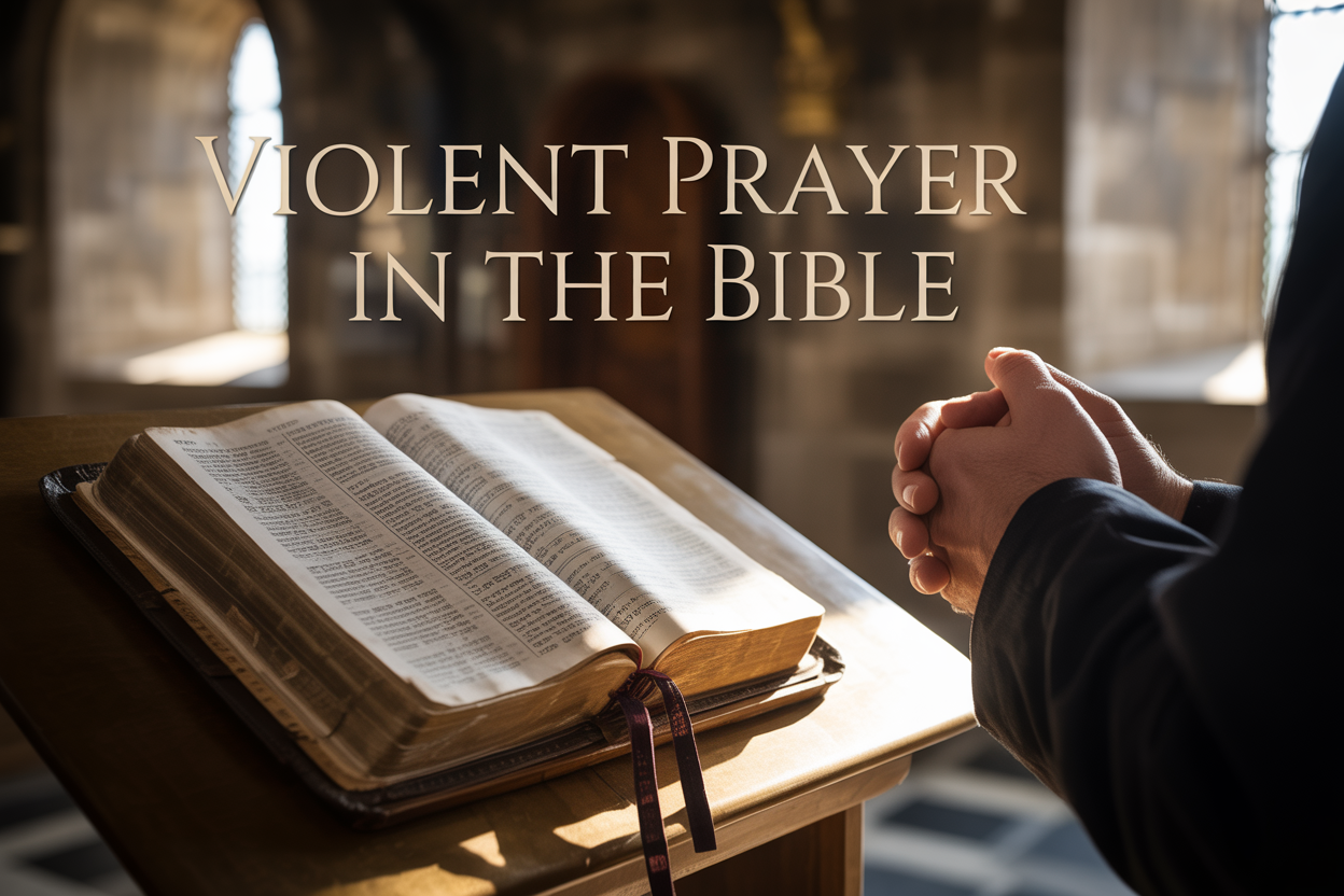 Create a realistic image of an open ancient Bible with weathered pages displaying Hebrew text, placed on a wooden prayer desk in soft golden lighting, with clasped hands of a middle-aged white male in prayer position visible at the edge of the frame, surrounded by stone church interior with arched windows casting dramatic shadows, and overlay text reading "Violent Prayer in the Bible" in elegant serif font across the top portion of the image.