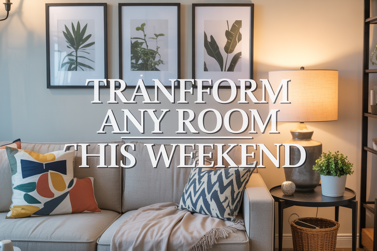 Create a realistic image of a bright, modern living room showcasing budget-friendly transformations including rearranged furniture with a colorful throw pillow on a sofa, DIY wall art made from framed botanical prints, a table lamp providing warm lighting, a small potted plant on a side table, and organized decorative accessories, with the text "Transform Any Room This Weekend" displayed prominently in elegant typography overlaid on the scene, captured in natural daylight with a clean, inspiring atmosphere that conveys affordability and style.