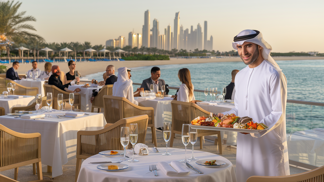 Create a realistic image of a luxurious beachfront restaurant in Abu Dhabi, with elegant white tables adorned with champagne flutes and gourmet dishes, overlooking a pristine sandy beach and turquoise waters. In the foreground, a smiling Arab male waiter in traditional dress presents a platter of colorful seafood to a diverse group of well-dressed diners. Palm trees and the iconic Abu Dhabi skyline are visible in the background, bathed in warm sunlight.