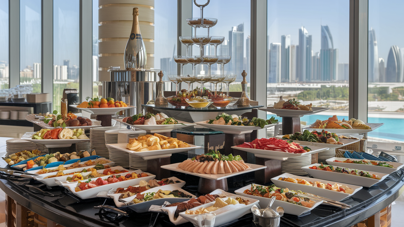 Create a realistic image of a luxurious brunch buffet in Abu Dhabi featuring diverse international cuisines, with dishes from Middle Eastern, Asian, and European cultures displayed on elegant serving platters, a champagne tower in the background, and floor-to-ceiling windows showcasing the city's skyline.