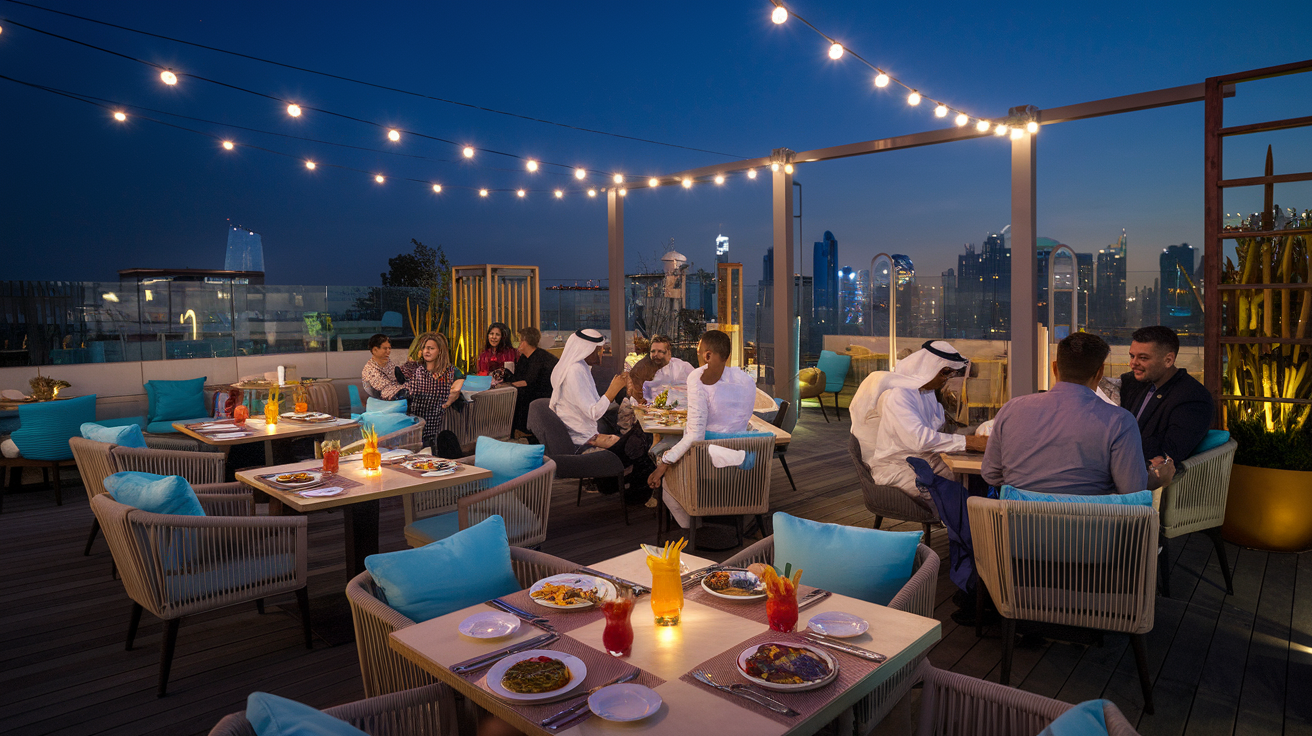 Create a realistic image of an elegant rooftop restaurant in Abu Dhabi at night, with the city skyline illuminated in the background. The foreground shows a beautifully set table with Middle Eastern-inspired brunch dishes, colorful mocktails, and soft mood lighting. A mix of local Emirati and international guests are seated, enjoying their late-night dining experience. The atmosphere is vibrant yet sophisticated, capturing the essence of a unique nighttime brunch adventure in the city.