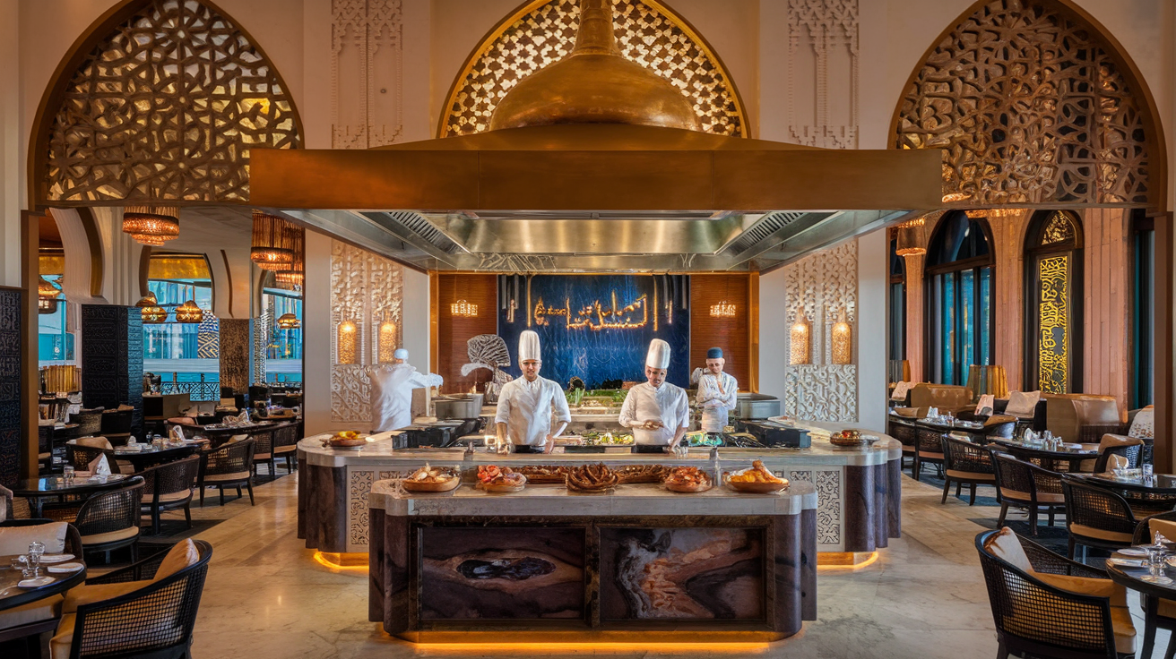 Create a realistic image of a luxurious restaurant interior in Abu Dhabi with a fusion-style open kitchen, featuring chefs preparing innovative dishes, exotic ingredients displayed on marble countertops, and traditional Arabic design elements like intricate latticework and gold accents blending with modern decor, all bathed in warm, ambient lighting.