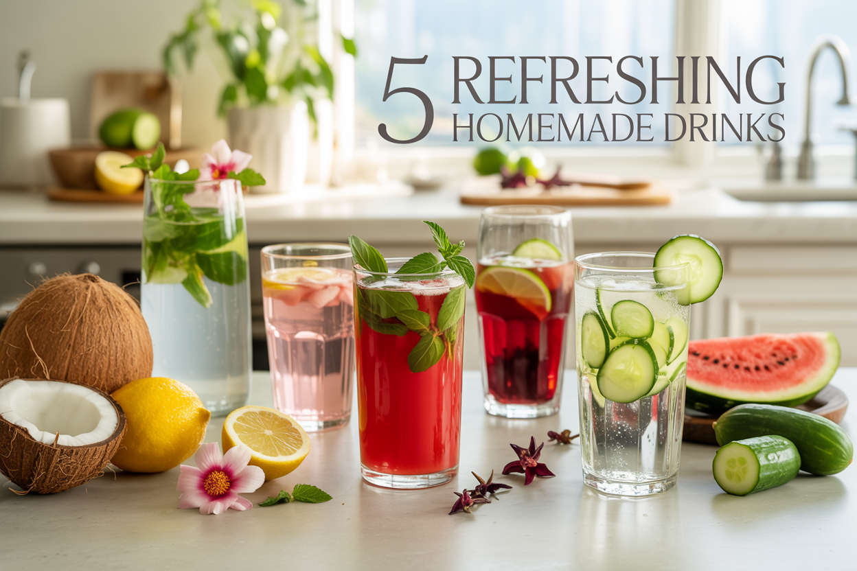 Create a realistic image of a bright, airy kitchen countertop scene featuring five distinct refreshing drinks in clear glasses arranged in an appealing composition: a coconut water mint cooler with fresh mint garnish, a pink rose lemonade with rose petals, a vibrant red watermelon basil agua fresca with basil leaves, a deep red iced hibiscus tea with lime slices, and a cucumber mint sparkler with cucumber ribbons and bubbles, surrounded by fresh ingredients like coconuts, lemons, watermelon slices, hibiscus flowers, cucumbers, and mint sprigs, with natural sunlight streaming through a window creating soft shadows, and elegant text overlay reading "5 Refreshing Homemade Drinks" in modern typography, conveying a fresh, healthy, and inviting mood perfect for Ramadan or any time.