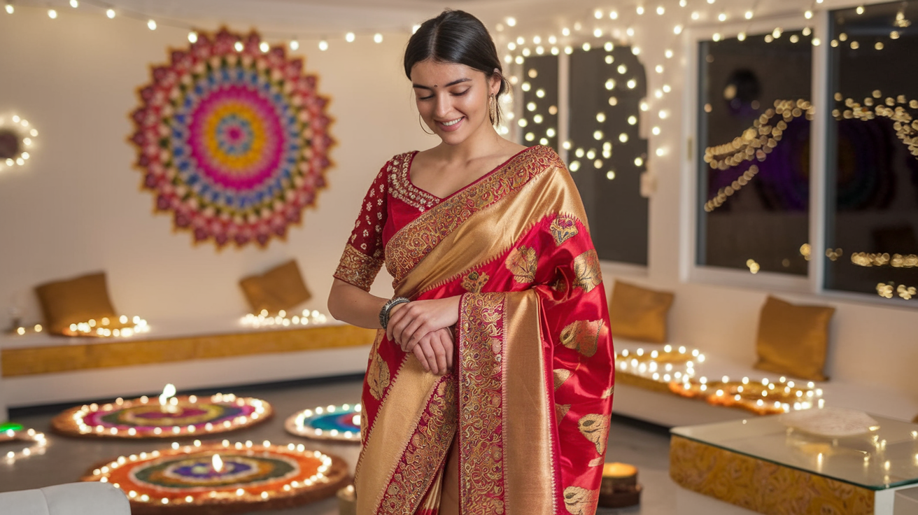 Create a realistic image of a young Indian woman wearing a vibrant red and gold silk saree, adorned with intricate embroidery and sequins, standing in a well-lit living room decorated with colorful rangoli patterns, diyas, and string lights, showcasing traditional Diwali attire and festive atmosphere.