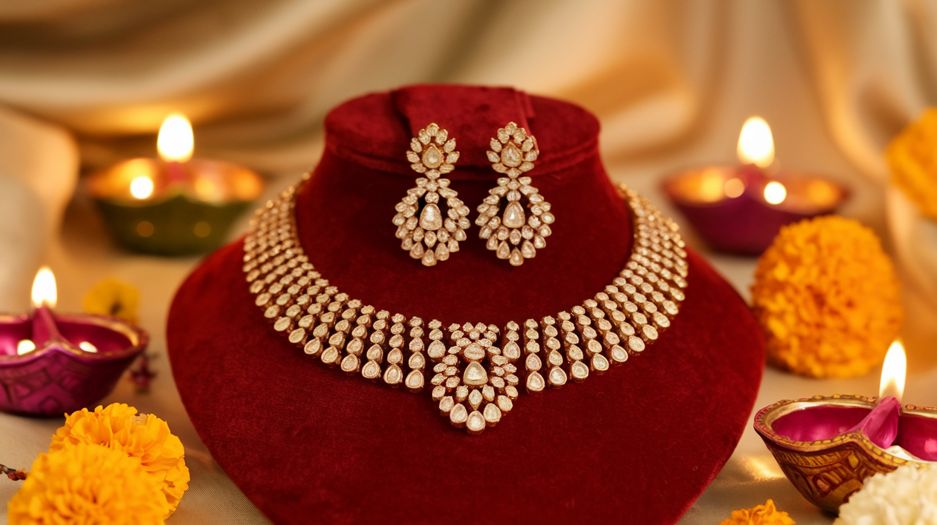Create a realistic image of a close-up view of an elegant gold and diamond necklace with matching earrings displayed on a rich red velvet fabric, with scattered colorful Diwali diyas and marigold flowers in the background, soft warm lighting highlighting the jewelry's sparkle.