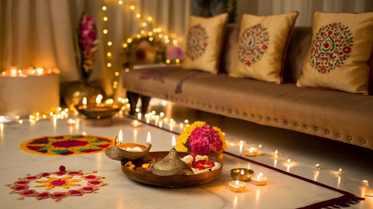Create a realistic image of an elegant living room decorated for Diwali, featuring traditional Indian home decor items such as ornate brass diyas, colorful rangoli patterns on the floor, embroidered cushions, and a decorative wooden pooja thali with flowers and sweets, all softly illuminated by warm string lights and candles, creating a festive and inviting atmosphere.
