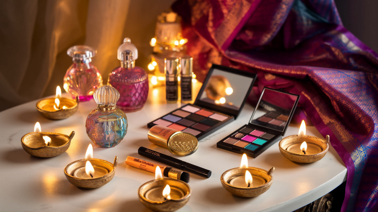 Create a realistic image of an elegant vanity table with various Indian-inspired beauty and skincare products for Diwali, including colorful glass bottles of perfumes, golden-packaged face creams, vibrant makeup palettes, and traditional kohl eyeliners, all illuminated by the warm glow of decorative diyas (oil lamps) placed around the table, with a silk sari draped in the background.