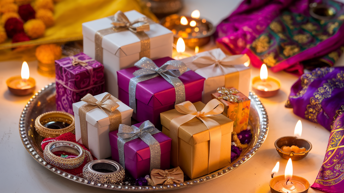 Create a realistic image of an array of beautifully wrapped gift boxes in various sizes, adorned with glittering gold and silver ribbons, surrounded by traditional Indian accessories like bangles, colorful silk scarves, and ornate jewelry pieces, all arranged on a decorative tray with Diwali-themed patterns, illuminated by the warm glow of nearby diyas (oil lamps).