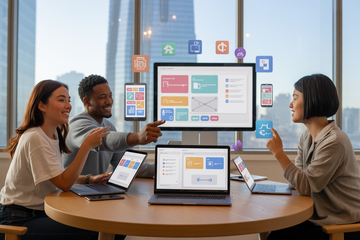 Create a realistic image of a diverse group of three people (one white female, one black male, one Asian female) sitting around a modern wooden table with laptops and tablets displaying colorful visual interfaces with drag-and-drop elements, flowcharts, and app mockups, surrounded by floating digital icons representing websites, mobile apps, and automation tools, in a bright contemporary office space with large windows showing a city skyline, warm natural lighting creating an atmosphere of innovation and accomplishment, with the people appearing satisfied and successful as they gesture toward their no-code creations on screens. Absolutely NO text should be in the scene.