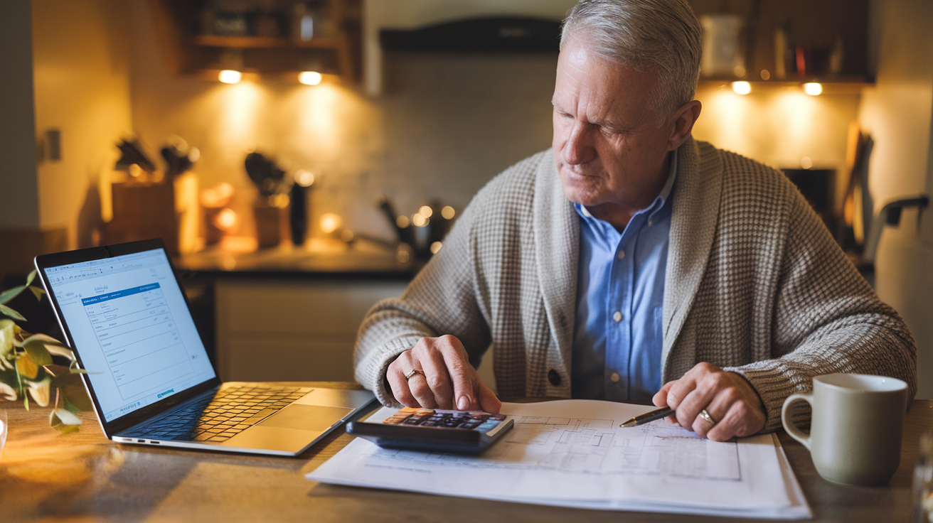 Create a realistic image of a middle-aged white male homeowner reviewing HELOC application documents at a kitchen table, with a laptop showing a mortgage calculator, a house blueprint in the background, a coffee mug nearby, and warm lighting highlighting the focused expression on his face as he calculates his home equity.
