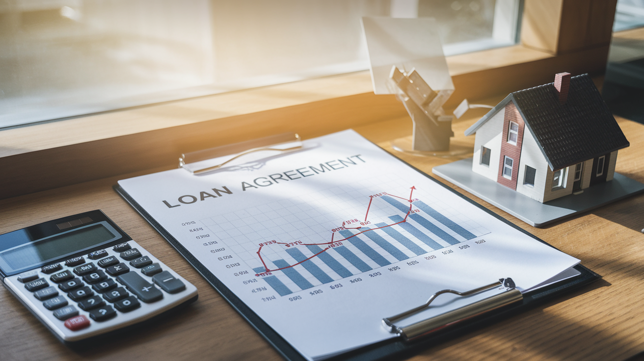 Create a realistic image of a loan agreement document with a variable interest rate graph prominently displayed, showing fluctuating rates over time with an upward trend, placed on a wooden desk next to a calculator and a home model, with soft natural lighting streaming through a window, creating a professional and informative atmosphere.