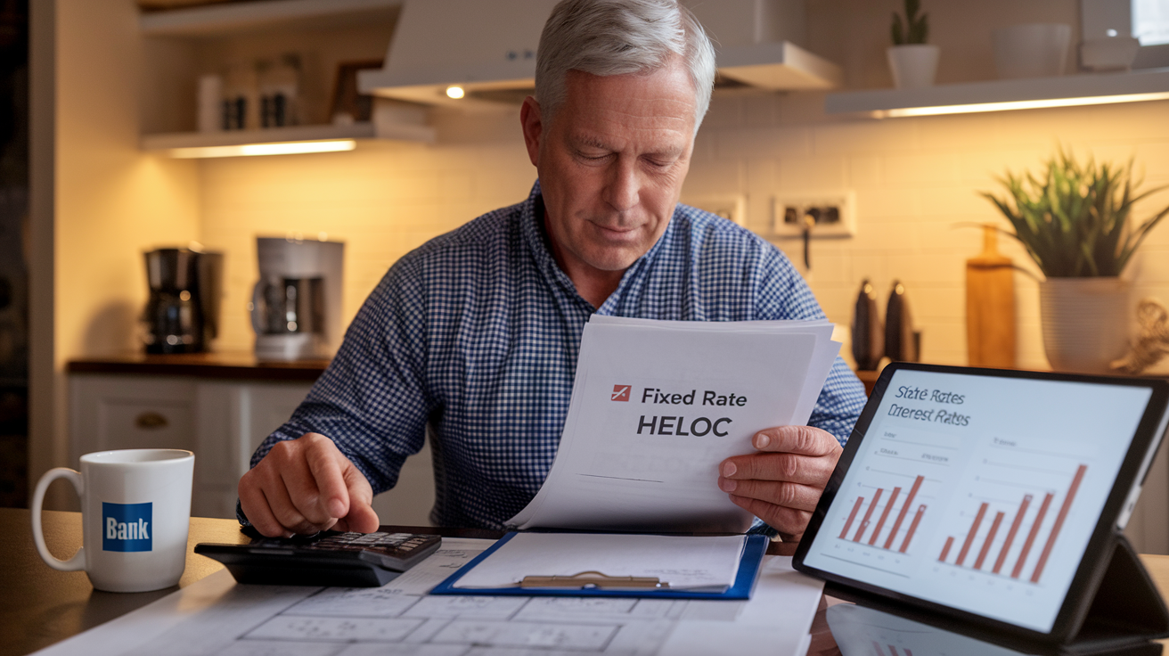 Create a realistic image of a middle-aged white male homeowner sitting at a kitchen table reviewing loan documents showing "Fixed Rate HELOC" with a calculator nearby, charts showing stable interest rates on a tablet screen, a house blueprint in the background, warm indoor lighting, and a coffee mug with bank logo on the table.