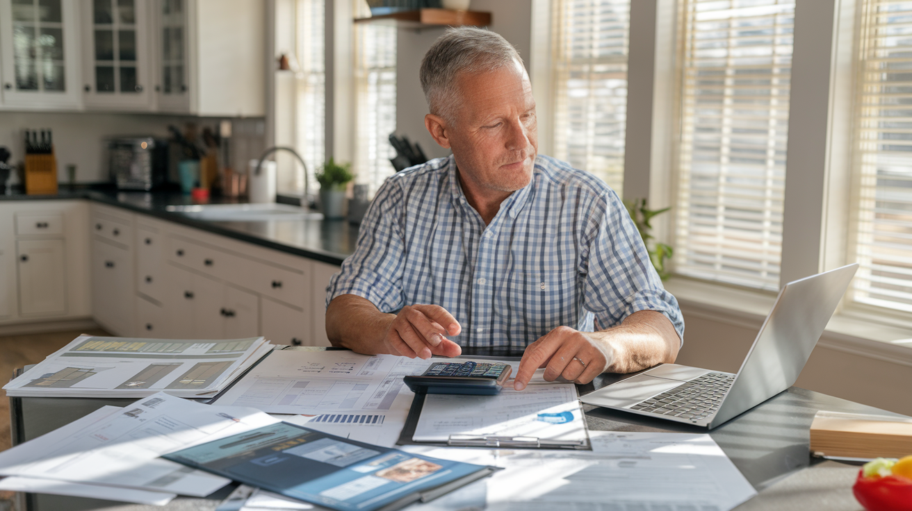 Create a realistic image of a middle-aged white male homeowner sitting at a kitchen table with a calculator, financial documents, and a laptop displaying a home equity line of credit application, surrounded by home improvement plans, with soft natural light streaming through nearby windows, conveying a thoughtful, planning atmosphere.