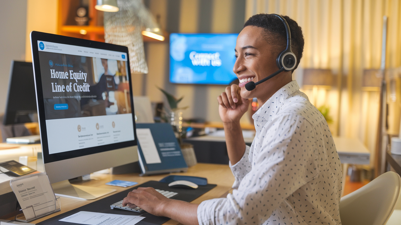 Create a realistic image of a friendly customer service representative wearing a headset, sitting at a modern desk with a computer displaying a "home equity line of credit" webpage, with business cards and contact information visible on the desk, warm office lighting creating an inviting atmosphere, and a subtle "Connect with Us" text element visible on a digital screen in the background.