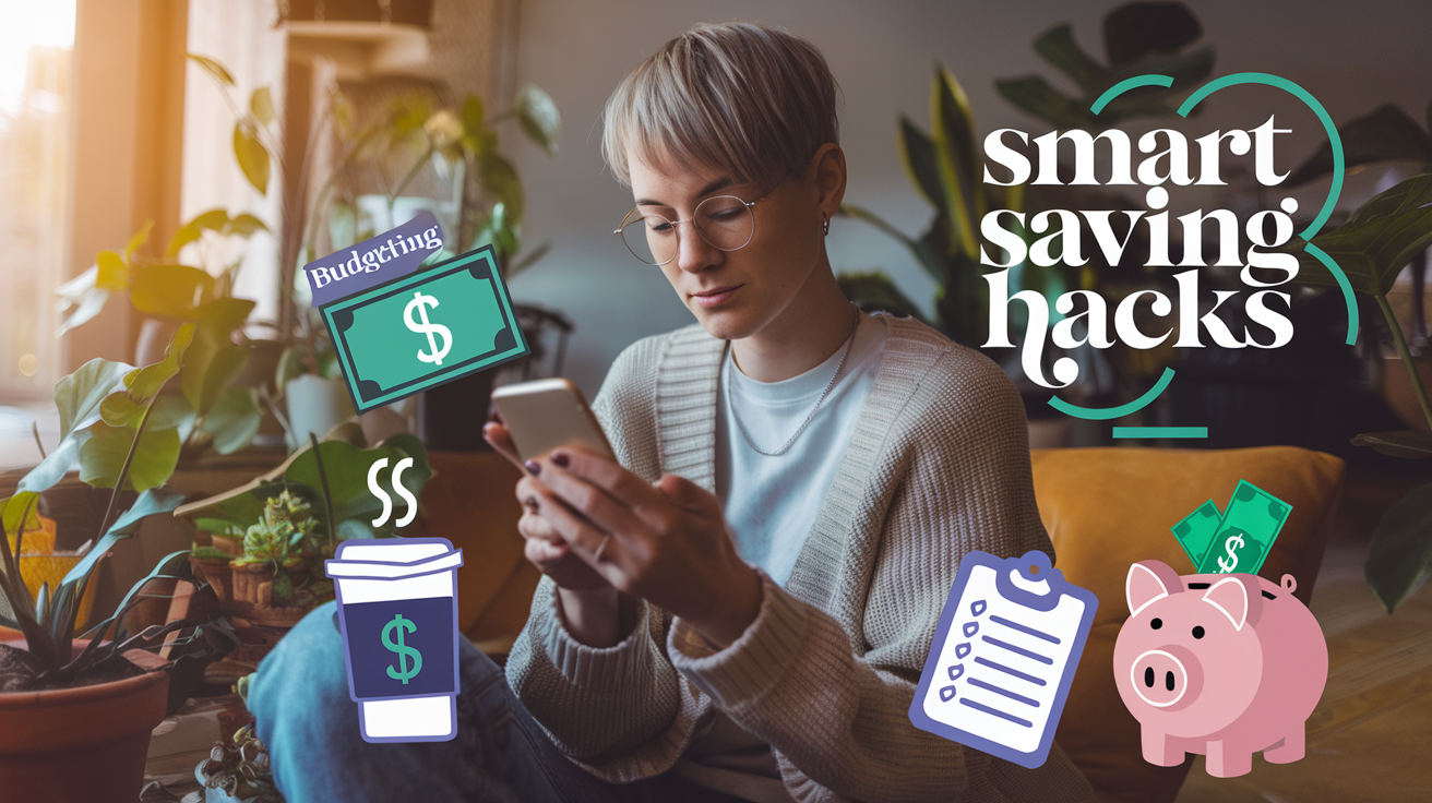 Create a realistic image of a money-saving concept with a stylish young person checking a budgeting app on their smartphone while surrounded by visual representations of savings: a homemade coffee, public transit pass, grocery list, and a piggy bank with cash. Soft, warm lighting creates an optimistic mood with text overlay "Smart Saving Hacks" in modern typography.