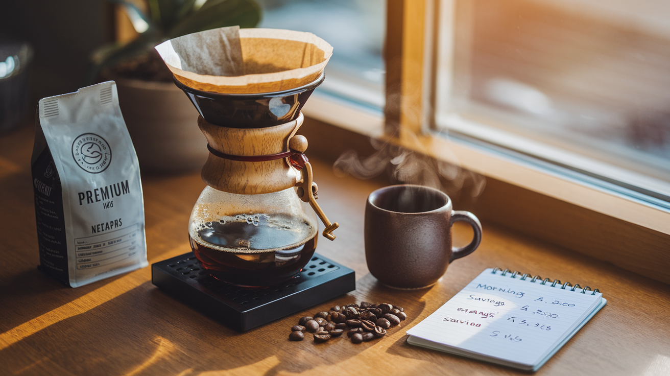 Create a realistic image of a stylish coffee brewing station at home with a pour-over setup, a bag of premium coffee beans, and a steaming mug on a kitchen counter next to a small notepad showing calculations of coffee shop savings versus home brewing costs, with warm morning light streaming through a window.
