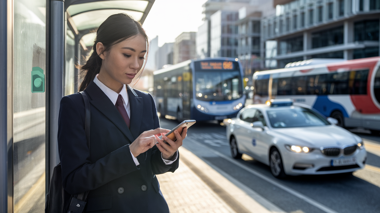 Create a realistic image of a young Asian female in business attire, standing at a bus stop checking her phone, with a city bus approaching in the background, morning sunlight creating a warm glow, while nearby an Uber car drives by, a small money-saving graphic or coin icon subtly visible in the corner of the scene.