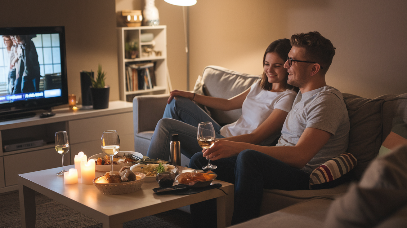 Create a realistic image of a cozy living room with a young white couple sitting on a comfortable couch, enjoying a homemade dinner by candlelight, with a movie paused on the TV screen, wine glasses, and a budget-friendly meal spread on a coffee table, creating a warm and intimate atmosphere that suggests saving money while still having quality time together.