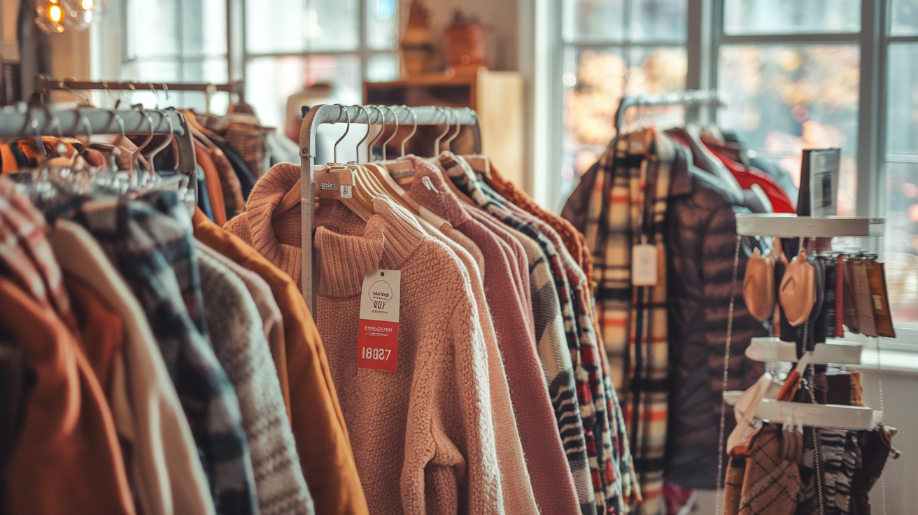 Create a realistic image of a cozy thrift store interior with racks of fall clothing featuring warm-toned sweaters, scarves, and jackets, with price tags clearly showing discounted prices, soft autumn lighting streaming through the windows, and a small, neat display of budget-friendly fall fashion accessories nearby.