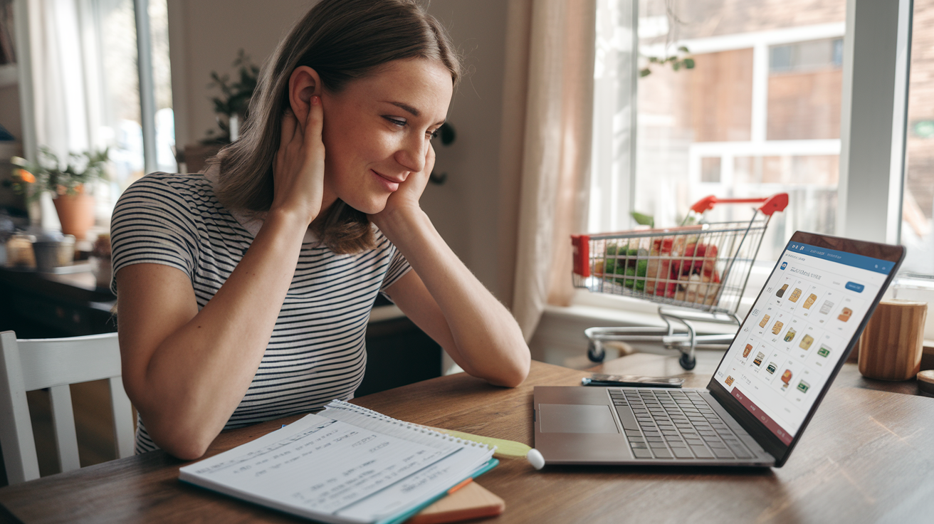 Create a realistic image of a young white female sitting at her kitchen table with a laptop open to an online grocery store website, a handwritten meal plan and budget notepad beside her, a half-filled virtual shopping cart visible on screen, and a satisfied expression as she compares her meal plan to her carefully curated digital shopping cart, with soft natural lighting coming through a nearby window.