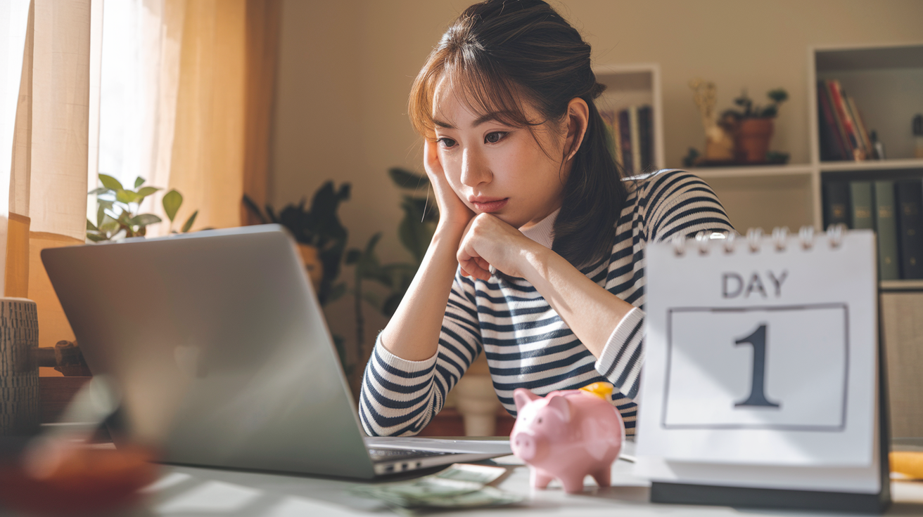 Create a realistic image of a young Asian female shopper looking thoughtfully at items in her online shopping cart on a laptop, with a calendar nearby showing "Day 1" marked, depicting her practicing the 3-day rule before purchasing, soft natural lighting from a window, a small piggy bank and saved money visible on her desk, warm tones conveying patience and financial mindfulness.