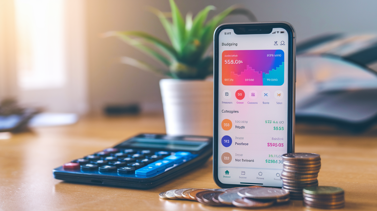 Create a realistic image of a smartphone displaying a colorful budgeting app interface with expense categories, savings goals, and financial statistics, resting on a wooden desk next to a calculator and some coins, with a soft warm lighting creating a productive atmosphere.