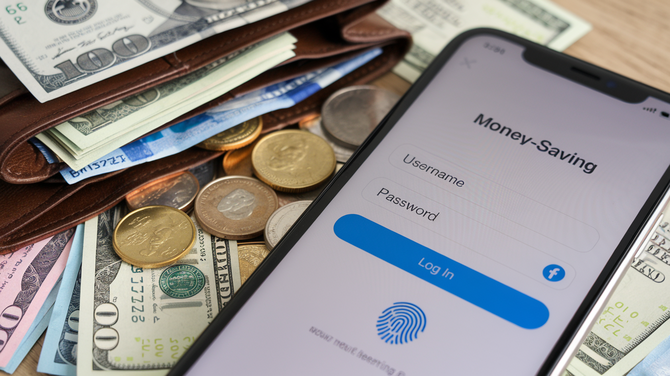 Create a realistic image of a smartphone screen displaying a login page for a money-saving app, with visible username and password fields, a blue "Log In" button, and a fingerprint icon for biometric authentication, all against a background showing a wallet with cash and coins spilling out, representing financial savings.