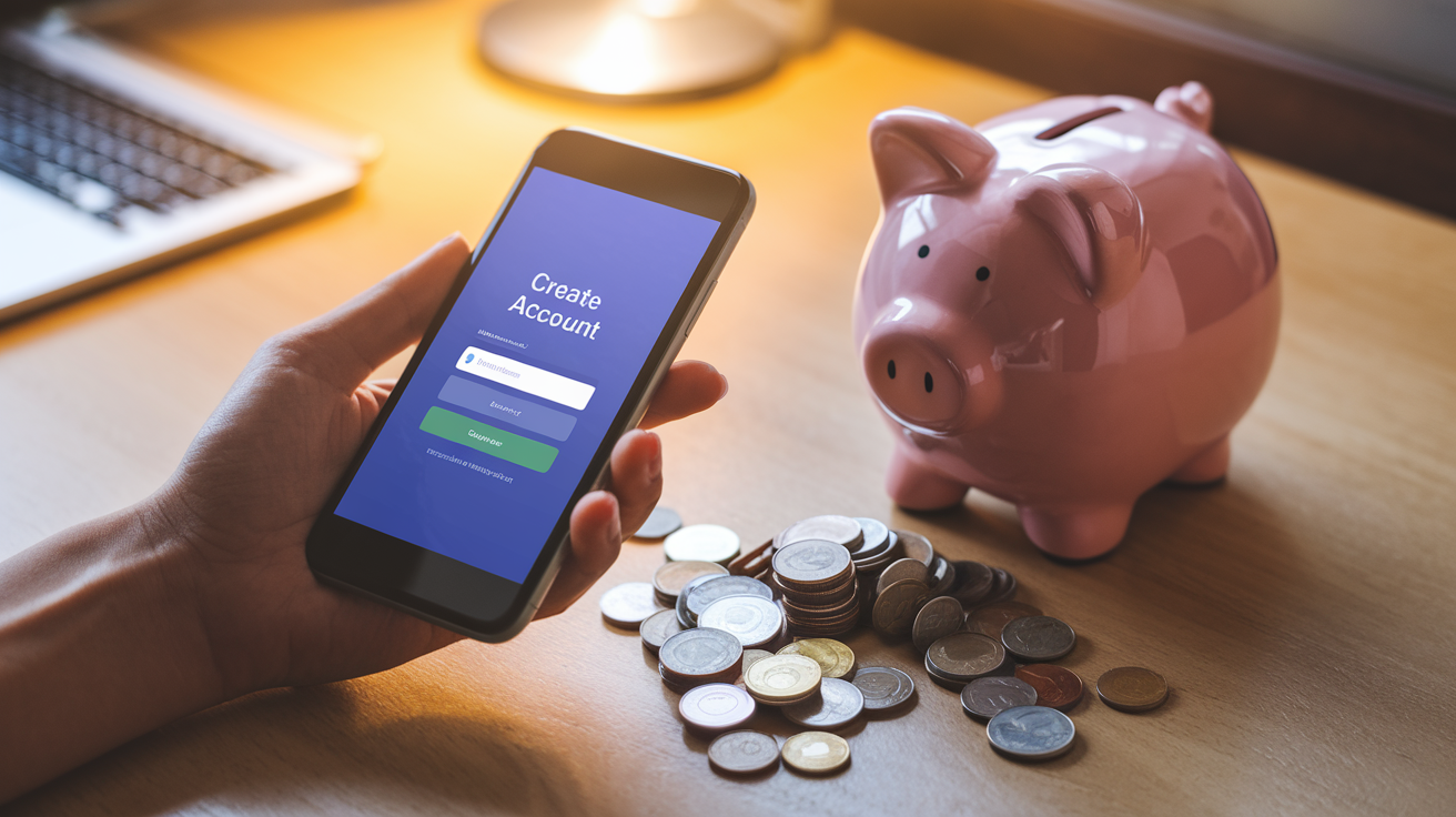 Create a realistic image of a female hand holding a smartphone displaying a sign-up page with the text "Create Account" visible on screen, with a piggy bank and scattered coins on a wooden desk beside it, warm indoor lighting highlighting the savings theme, portraying the first step in accessing money-saving features.