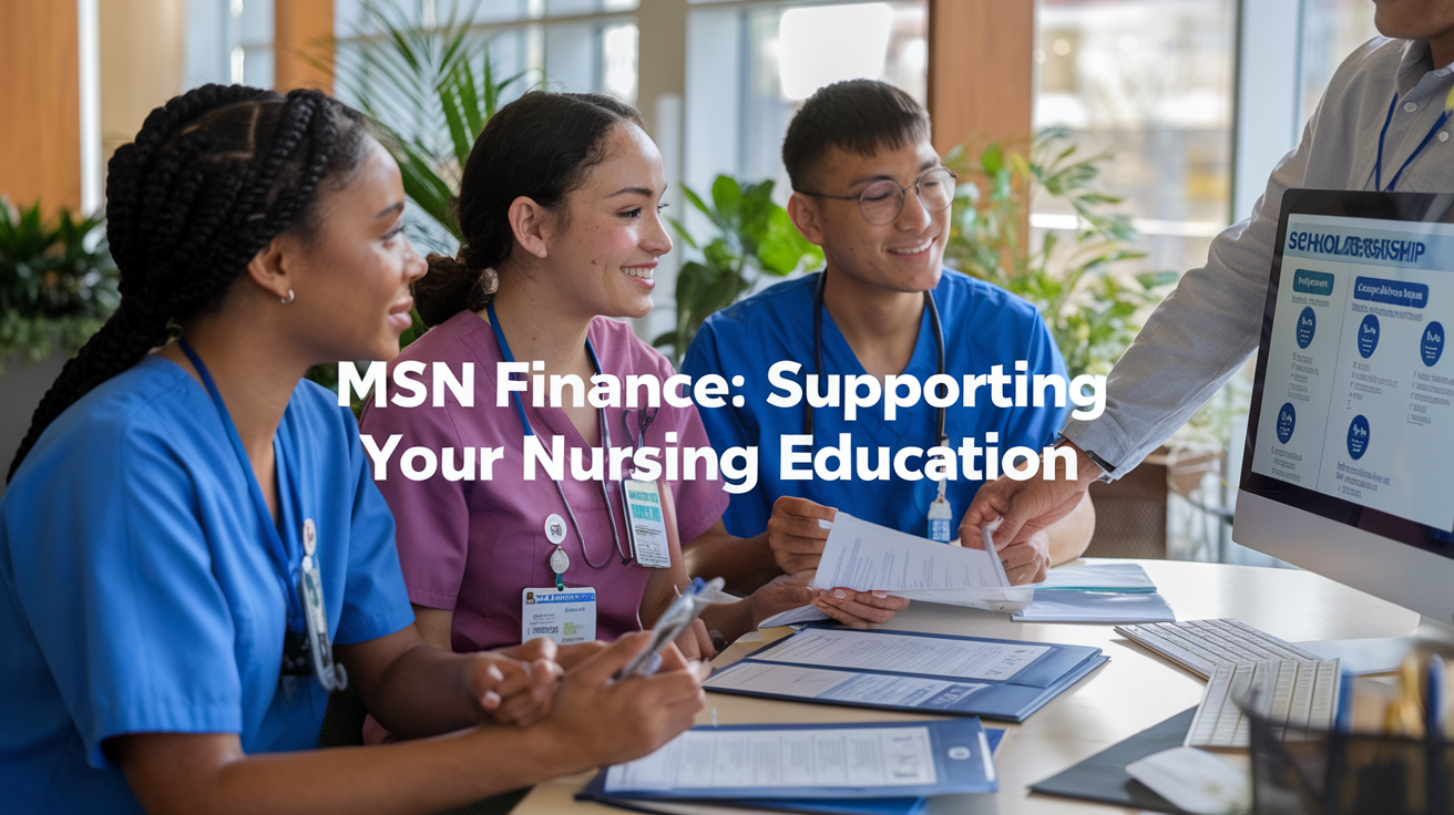 Create a realistic image of a diverse group of nursing students (Black female, Asian male, White female) reviewing financial aid documents in a modern university office, with MSN Finance forms visible on a desk, a financial aid counselor pointing to a computer screen showing scholarship information, soft natural lighting, and "MSN Finance: Supporting Your Nursing Education" as text overlay.