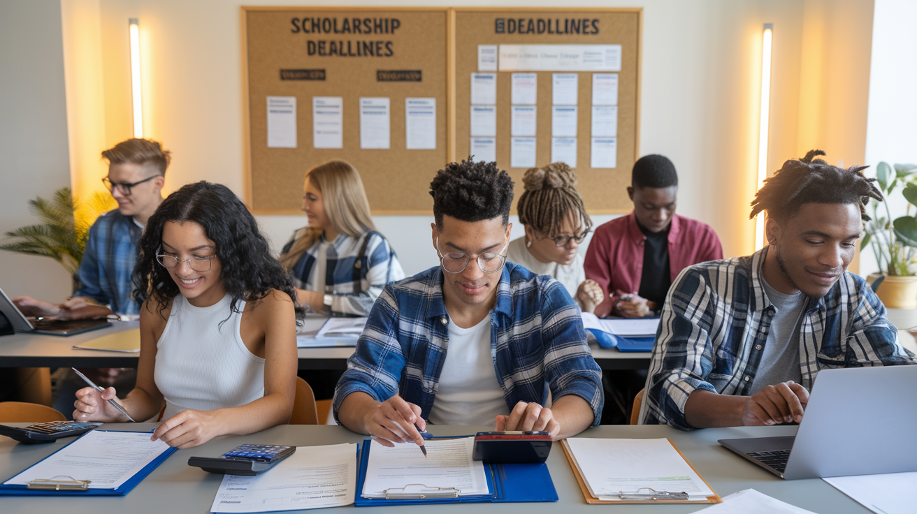 Create a realistic image of a diverse group of college-aged students seated at a desk with financial aid application forms, a laptop showing the FAFSA website, and calculators, with a bulletin board in the background displaying scholarship information and deadlines, in a bright university financial aid office setting with warm lighting that creates a supportive atmosphere.