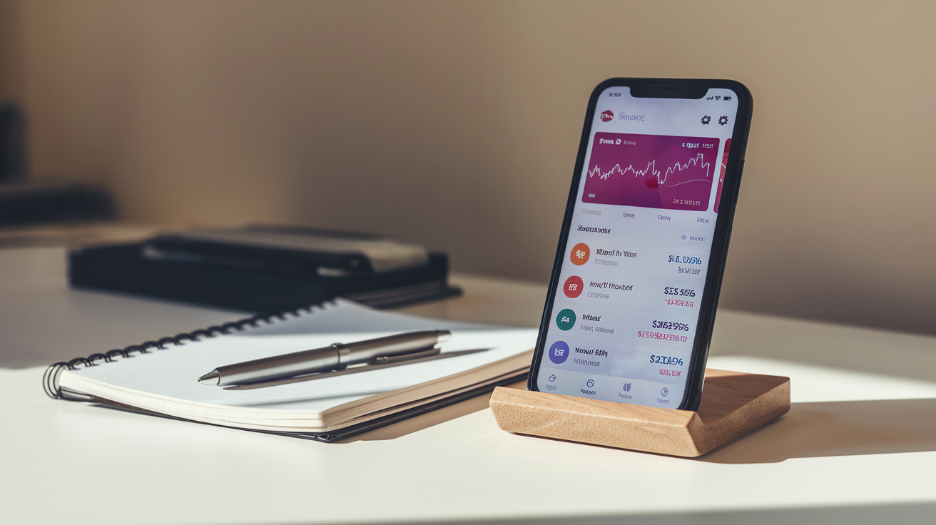 Create a realistic image of a professional-looking smartphone displaying the MSN Finance app interface with stock charts and financial news headlines, placed on a modern desk with a notebook and pen nearby, suggesting financial planning and market monitoring, with soft natural lighting creating a productive atmosphere.