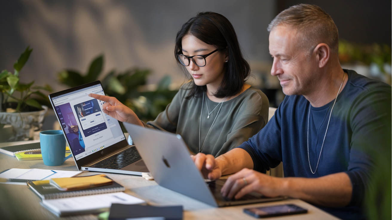 Create a realistic image of a diverse workspace with a young Asian female and a middle-aged White male sitting at a modern desk, both focused on laptops displaying different online money-making platforms, surrounded by notepads, a coffee mug, and smartphone, with a soft ambient lighting and a subtle text overlay saying "Ways to Make Money Online" at the top of the image.