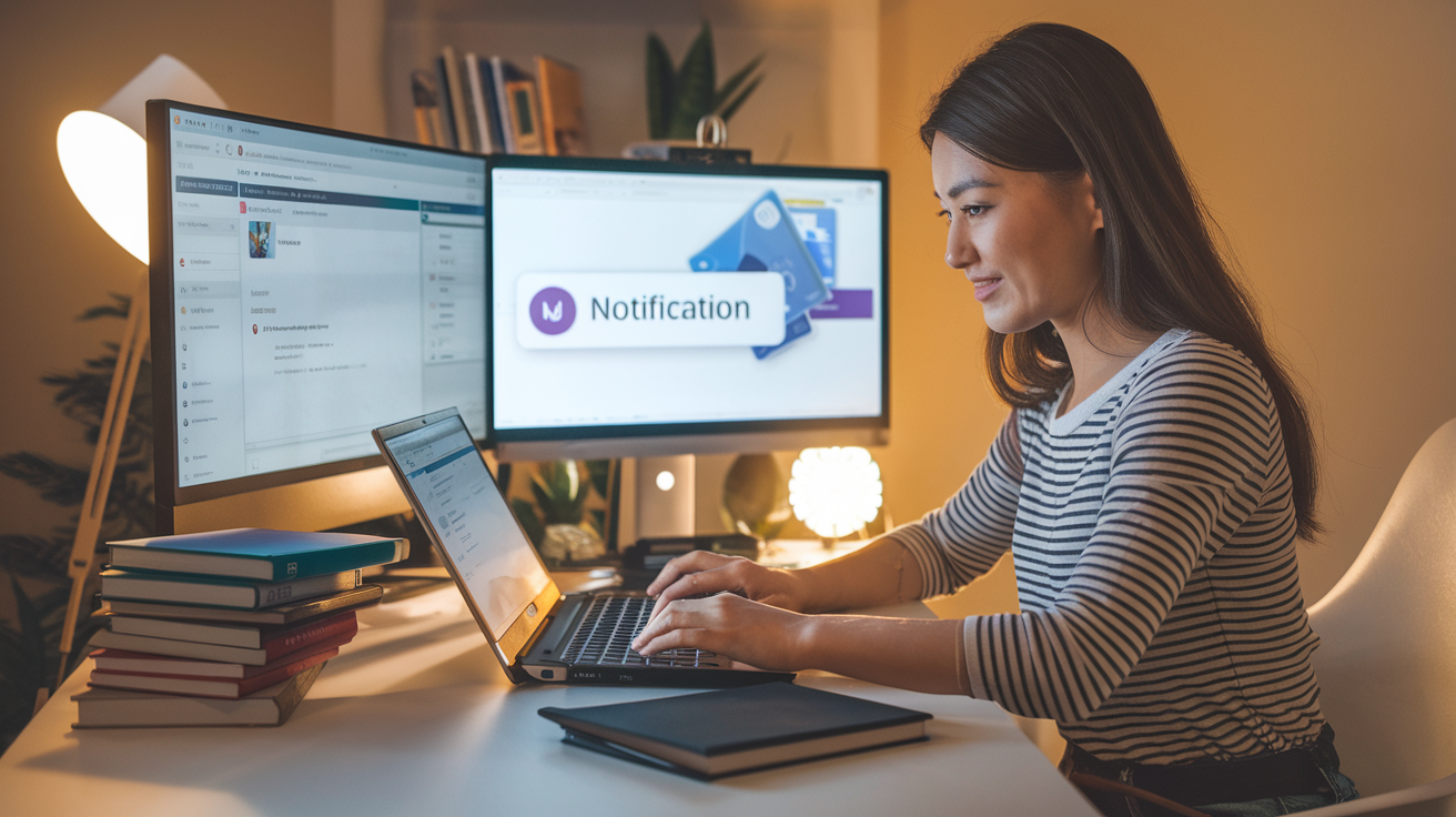 Create a realistic image of a young Asian female writer sitting at a modern desk with a laptop, typing an article while a payment notification appears on her screen, with various online publishing platforms visible on a second monitor, warm indoor lighting creating a productive atmosphere, and a small stack of books beside her symbolizing writing knowledge.