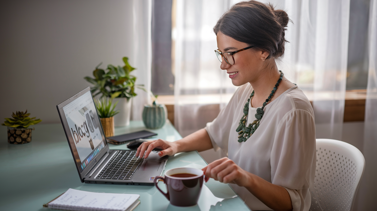 Create a realistic image of a young woman sitting at a modern desk with a laptop, typing on a blog website displayed on screen, with a mug of coffee beside her, a small notebook with ideas jotted down, soft natural light coming through a window, a few small plants on the desk, and a focused, motivated expression as she works on her online blogging business.