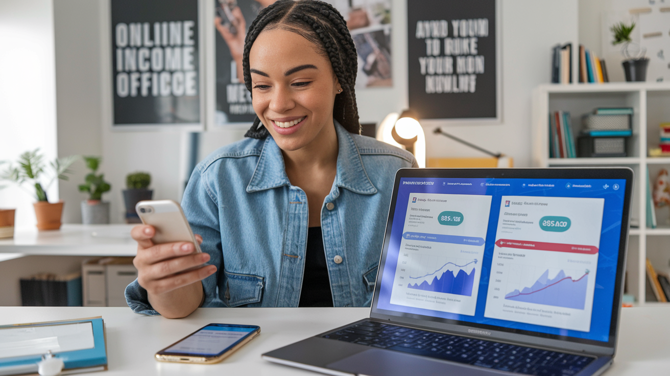 Create a realistic image of a young black female entrepreneur smiling at her laptop screen displaying several profit-sharing platform websites, with visible earnings graphs trending upward, some cash and a smartphone showing payment notifications on her desk, in a well-lit home office with motivational posters about online income in the background.
