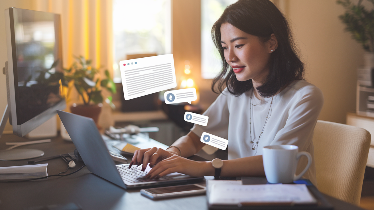 Create a realistic image of a young Asian female freelance writer sitting at a home office desk with a laptop, typing content for clients, with multiple completed articles visible on the screen, a coffee mug nearby, payment notifications appearing on her phone, and warm natural lighting creating a productive atmosphere.