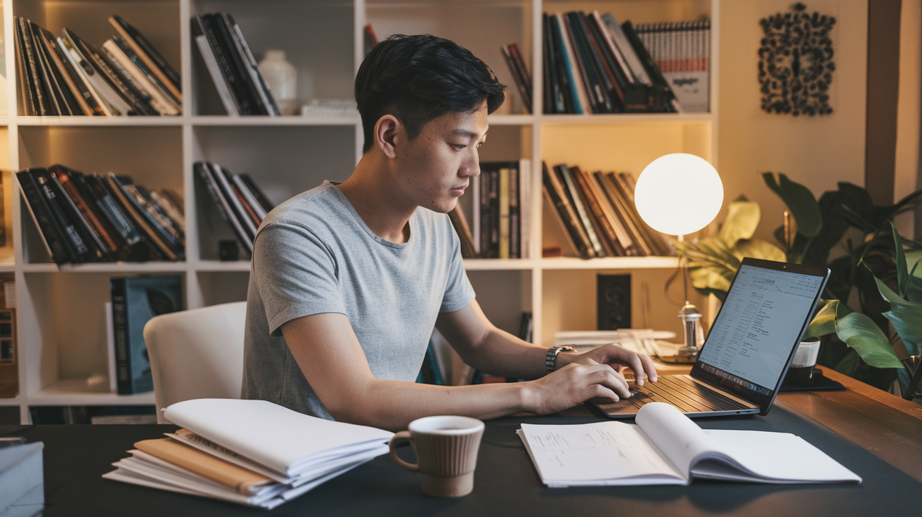 Create a realistic image of a young Asian male freelancer sitting at a modern desk, typing on a laptop with a screenplay document visible on screen, several script pages neatly organized beside him, a cup of coffee nearby, in a well-lit home office with bookshelf in background containing screenwriting books, warm lighting creating a creative atmosphere suggesting professional script writing as an online income source.
