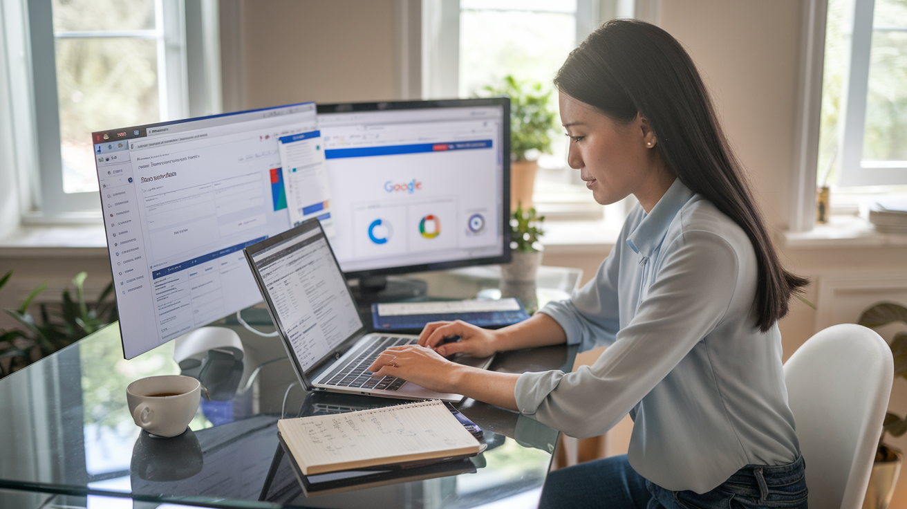 Create a realistic image of a young Asian female sitting at a modern desk with a laptop, typing content for SEO writing, with multiple browser windows open showing keyword research tools, Google search results, and analytics graphs, a notepad with handwritten notes beside the laptop, a cup of coffee, in a well-lit home office setting with soft natural light coming through nearby windows.