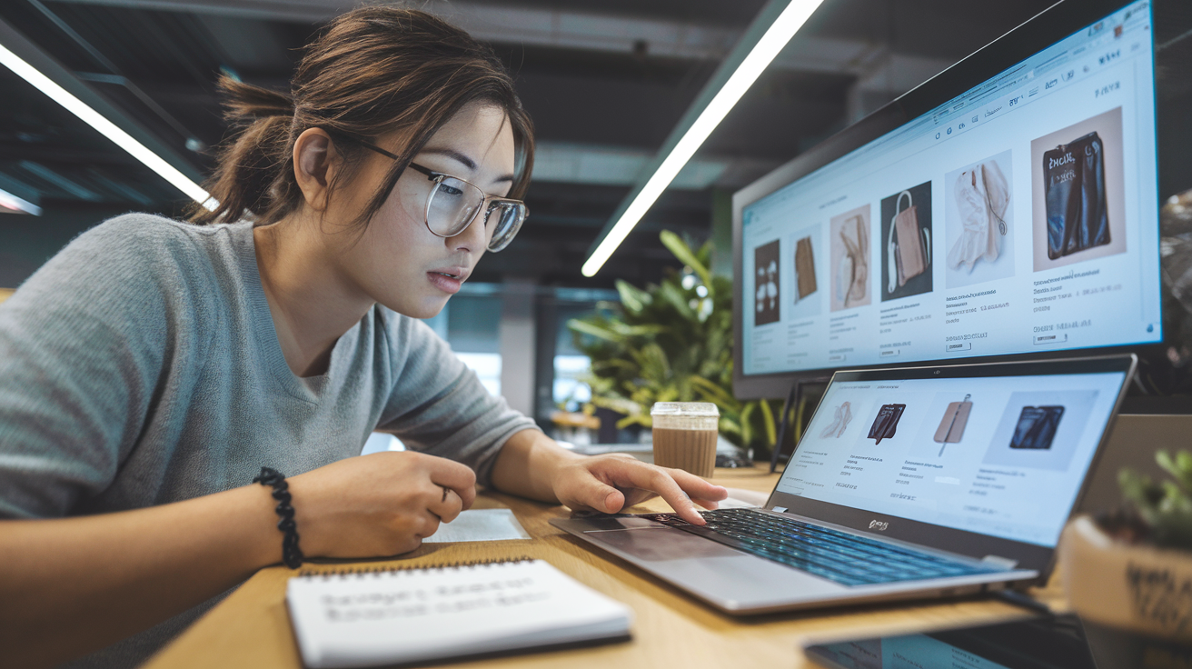 Create a realistic image of a focused young Asian woman sitting at a desk with a laptop, typing product descriptions, with multiple e-commerce product images displayed on her screen, a notepad with keywords beside her, good lighting highlighting her workspace, and a small cup of coffee nearby, symbolizing the online money-making opportunity of writing product descriptions.