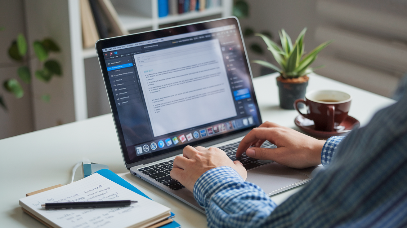 Create a realistic image of a person's hands typing on a laptop keyboard with a document or content management system visible on screen, showing paragraphs of text being edited, alongside a cup of coffee and a notepad with ideas jotted down, in a well-lit home office setting that conveys focus and creativity for online freelance writing work.